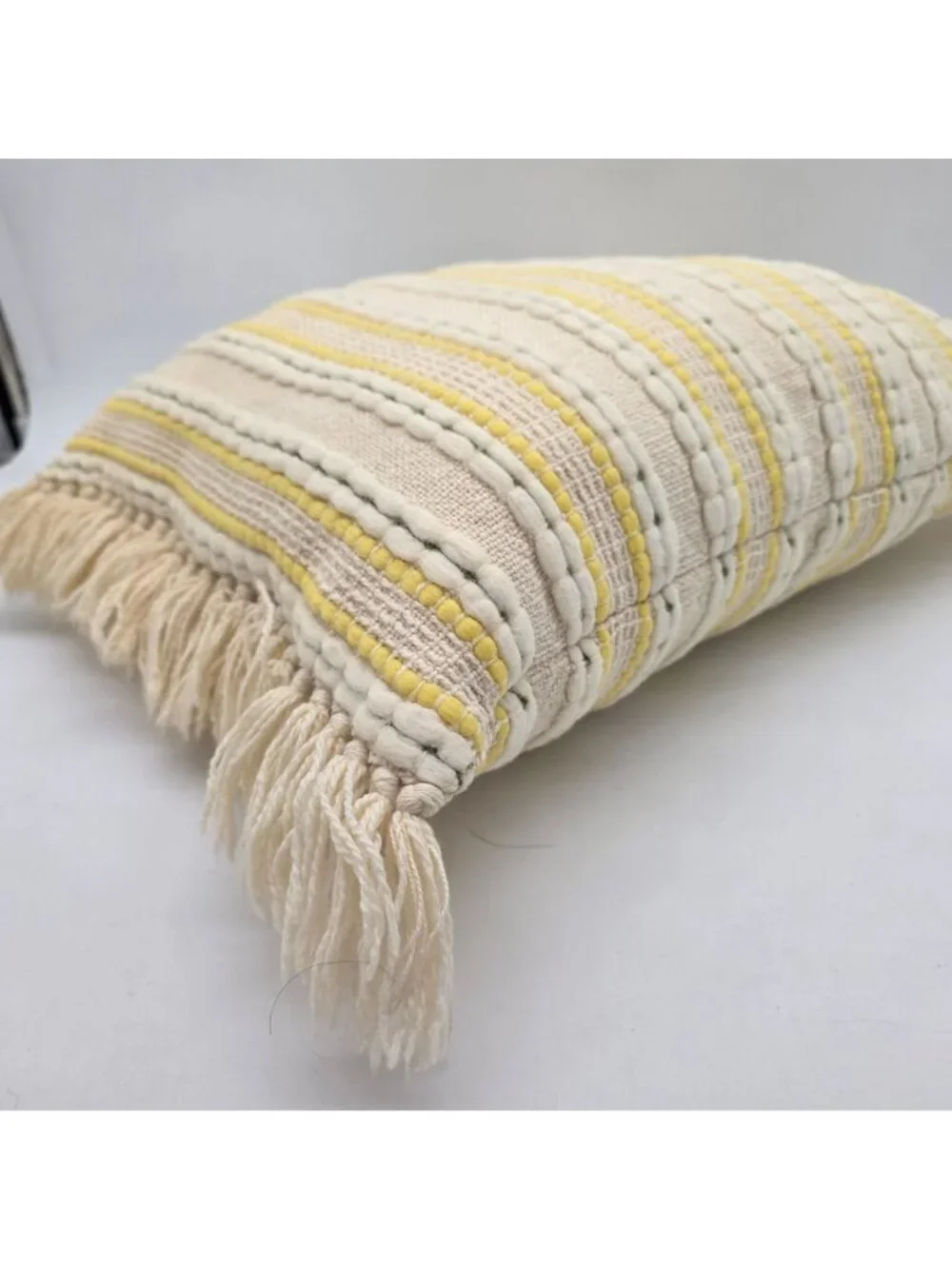 MCM Yellow & Cream Striped Woven Throw Pillow Fringe Accents 20